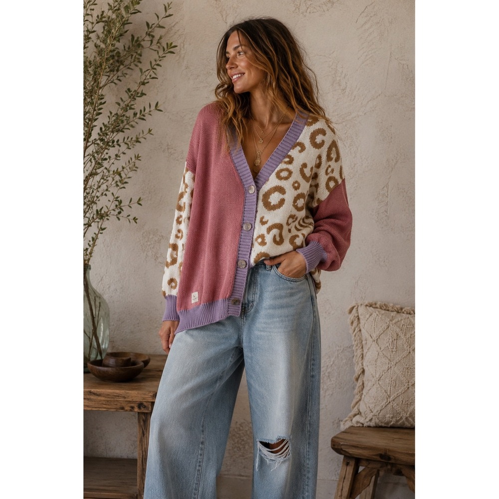 Simply Southern Leopard Colorblock Cardigan Pink Purple Animal Print Medium